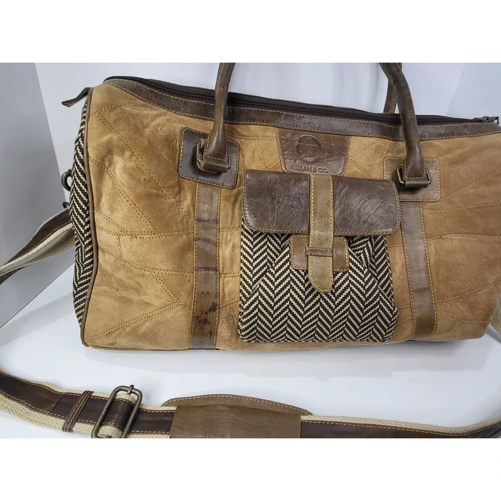 Vaan & Co Upcycled Leather Suede Duffle Bag Brown Chevron Weekender Travel Bag